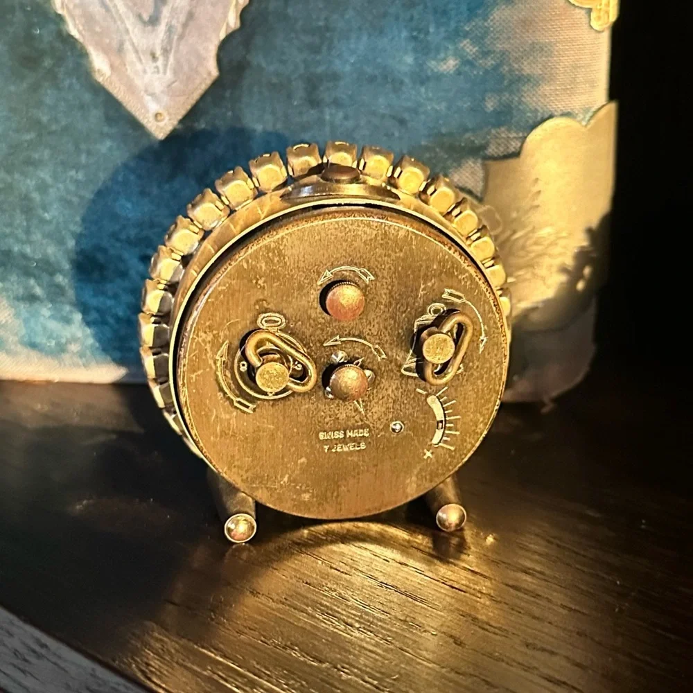 1900's Vintage Semca 7 Jewels Alarm Clock Swiss Yellow Gold Diamond Rhinestones - Picture 3 of 7